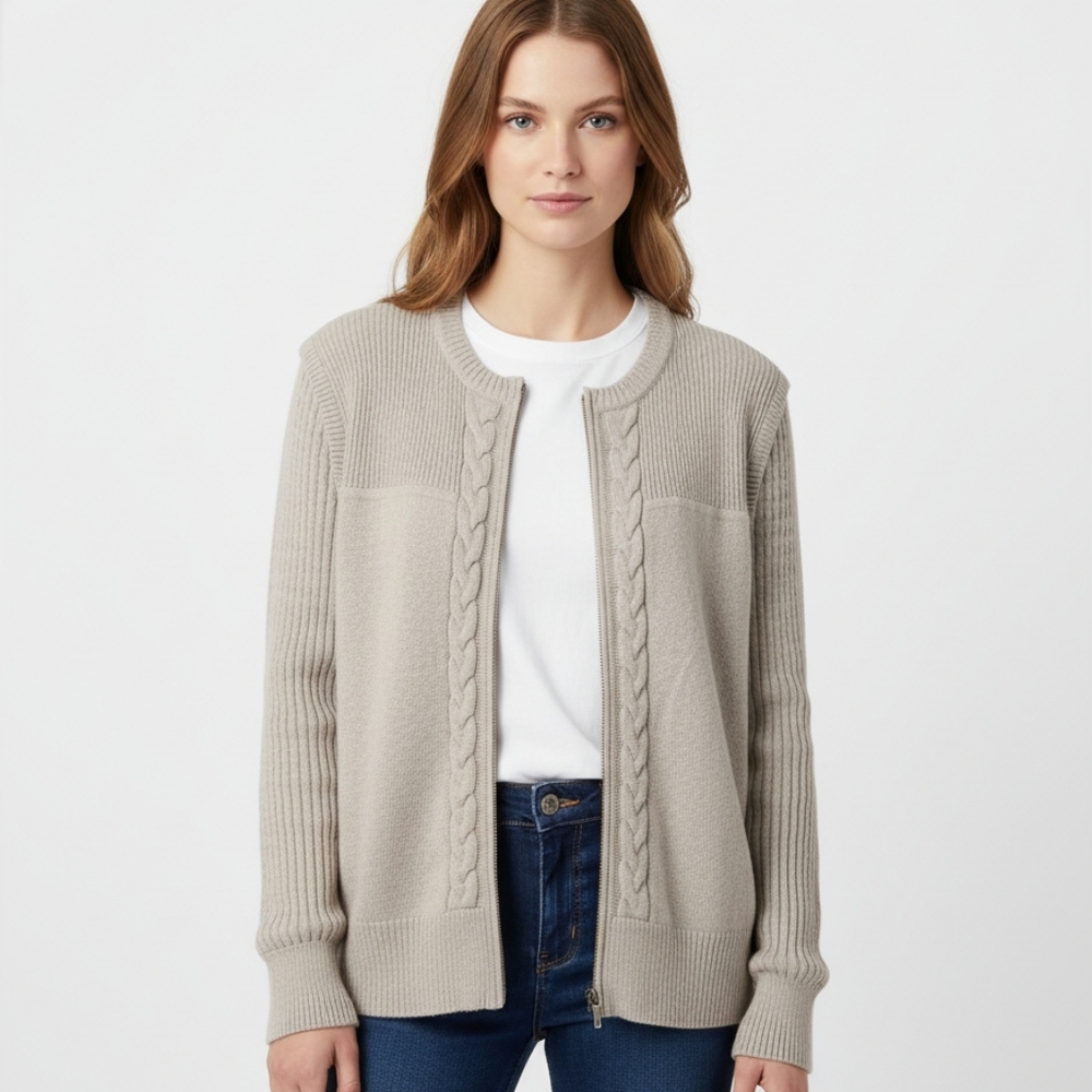 St. John Beige Zip-Up Yellow Label Cable Knit Cardigan Sweater Large